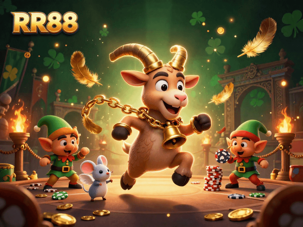Experience the thrilling action of RR88 as festive characters entertain in a bustling horror casino scene.
