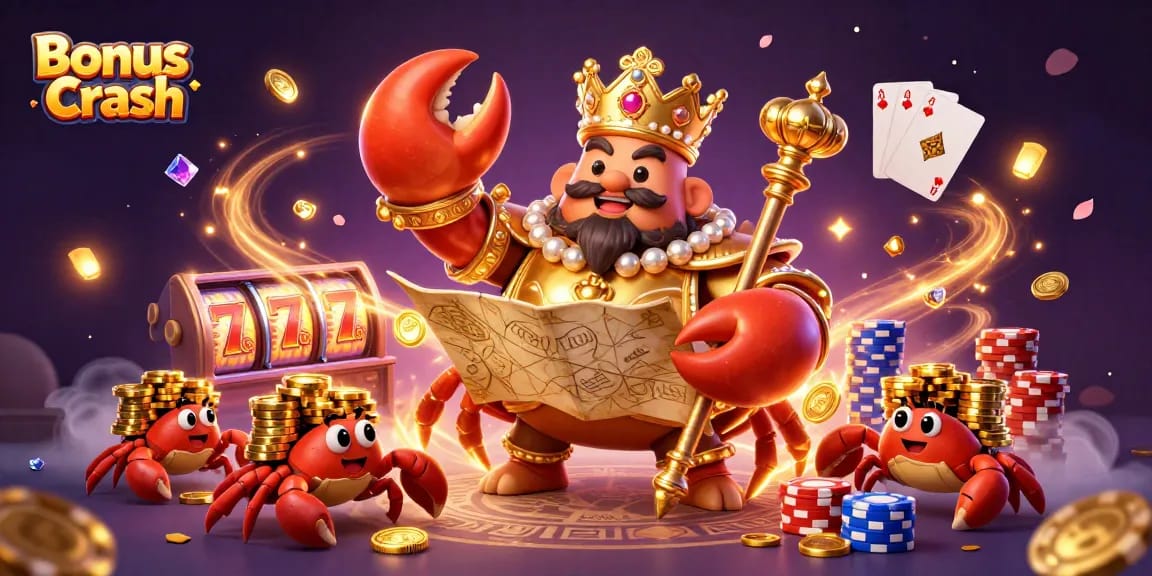 Engage with Bonus Crash through vivid 3D illustration featuring a golden crab emperor amidst dynamic casino elements.
