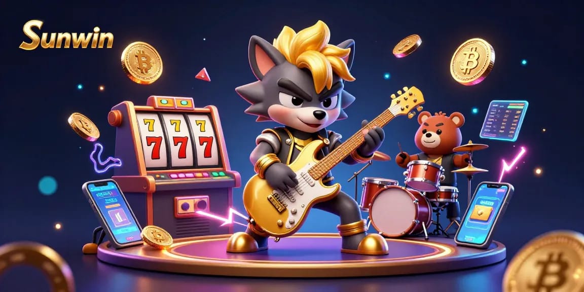 Engage in thrilling action with Sunwin as a rock star wolf performs amidst casino elements, including slot reels and crypto coins.