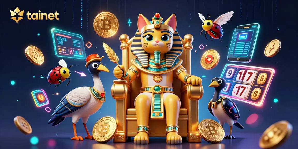 Tainet engages players with a lively 3D casino scene featuring vibrant characters and glowing crypto elements.