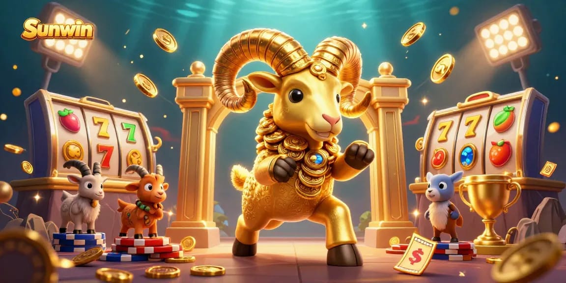 Experience excitement at Sunwin with a golden ram and dynamic casino elements celebrating big wins.