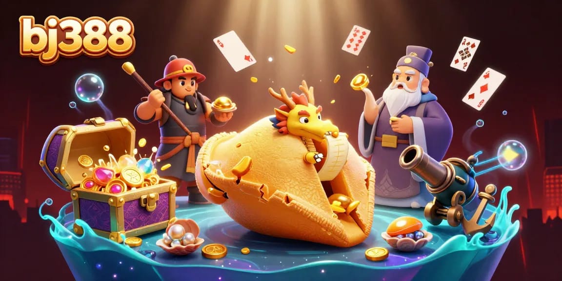 Experience thrilling gambling action with bj388 as a giant golden fortune cookie reveals hidden treasures and dragon wisdom.