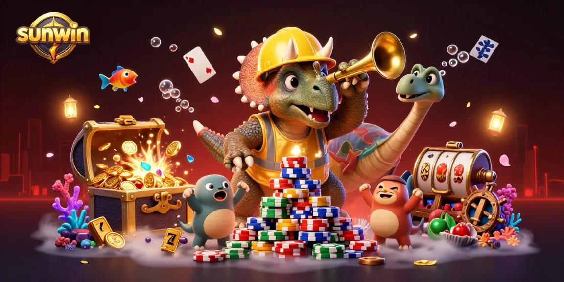 Experience the exciting sunwin casino world with triceratops building poker chip pyramids in celebration.