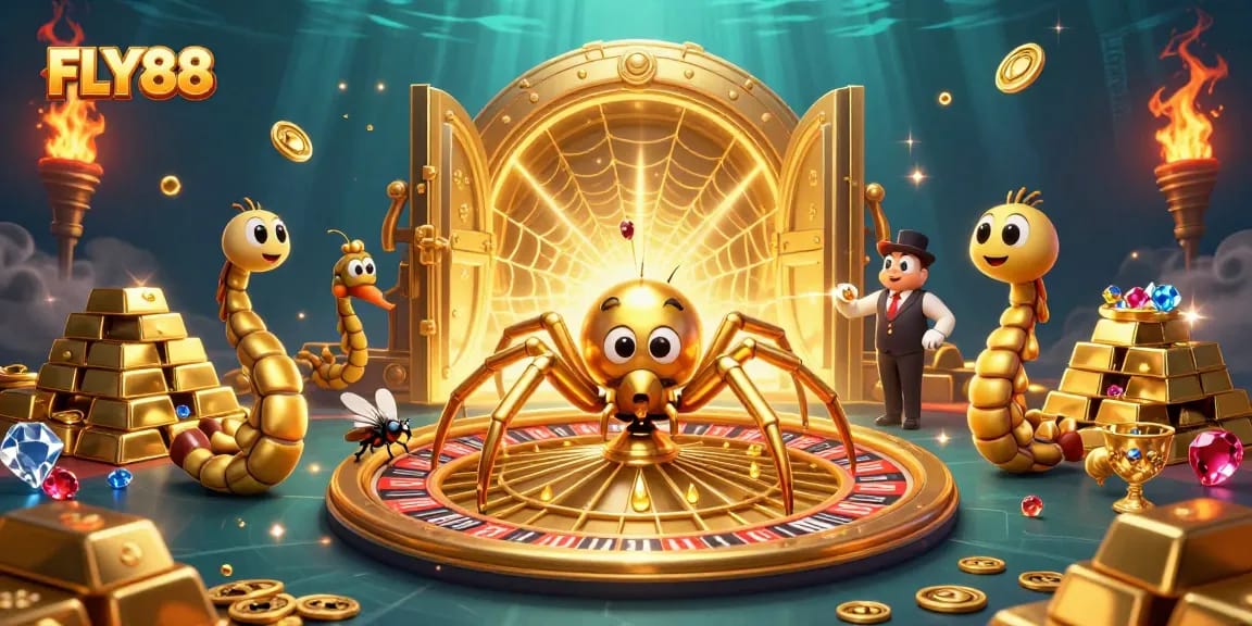 FLY88 delights players with a thrilling 3D casino scene featuring a roulette wheel and animated characters.