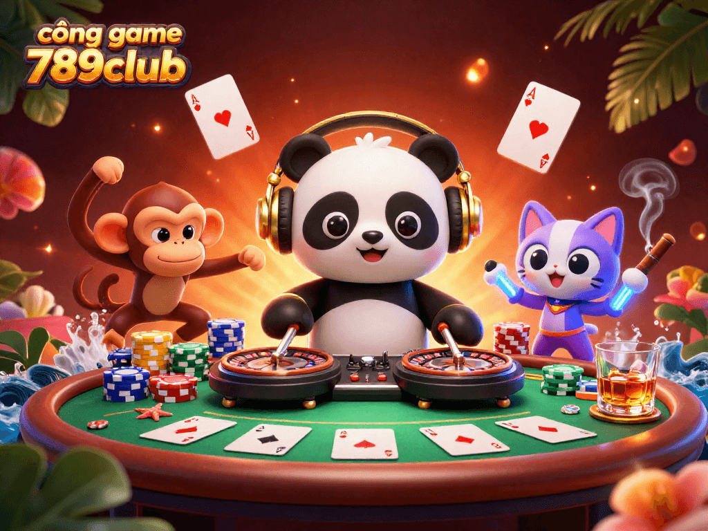 Engaging 3D digital illustration showcasing cổng game 789club with animated characters enjoying casino gaming.
