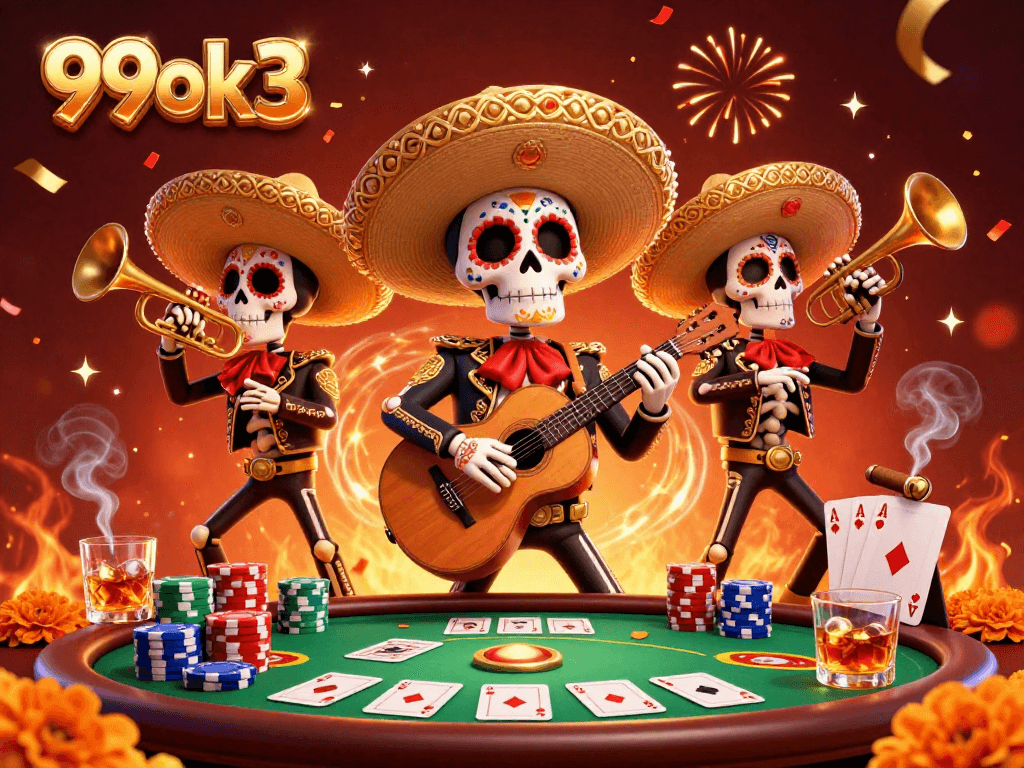 Spin the vibrant 99ok3 poker scene with colorful Day of the Dead mariachi characters.