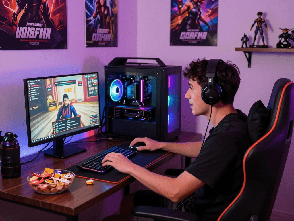 Gamer enjoying sex games with engaging visuals in a cozy room setting.