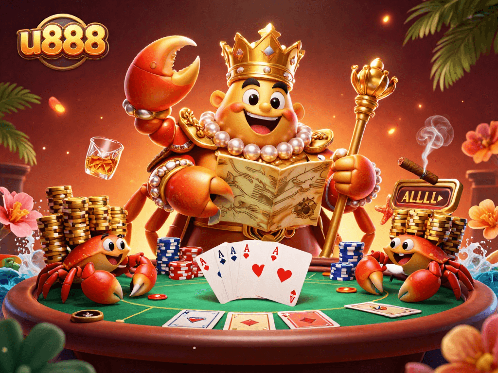 Experience the thrill of u888 gaming with vibrant casino illustrations featuring a majestic crab emperor.