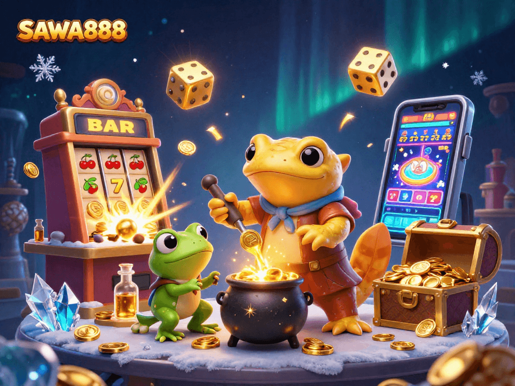 Experience winning strategies at SAWA888 featuring a dynamic casino scene with gold coins and playful characters.
