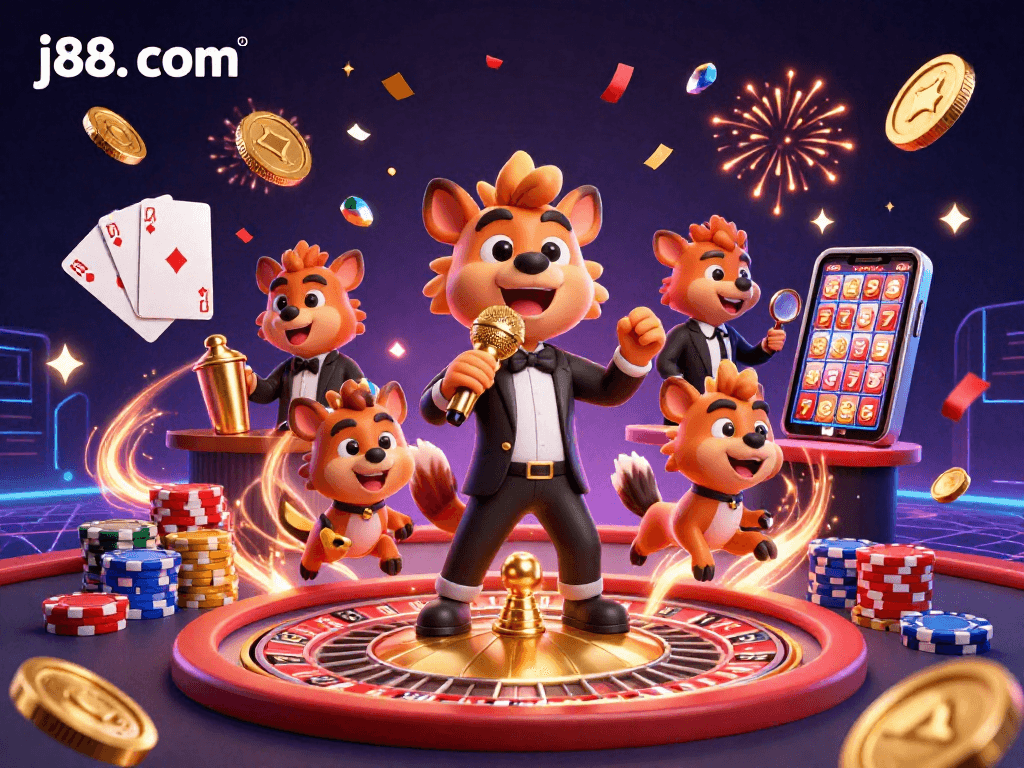 Experience vibrant casino fun with j88. com featuring hyenas at a comedy club surrounded by jackpots and gaming excitement.