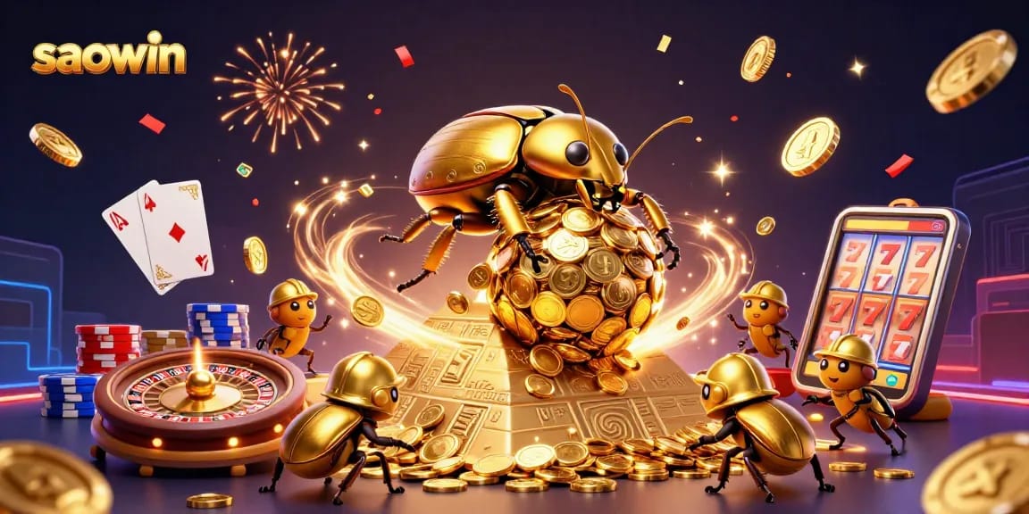 Spin into fortune with saowin's golden beetle adventure filled with cascading coins and vibrant casino games.