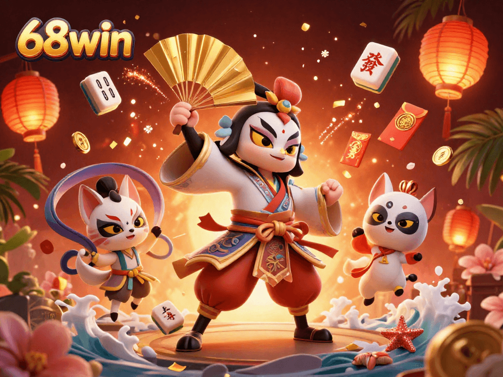 Experience the excitement of 68win with a lively 3D casino-themed illustration capturing thrilling game elements.