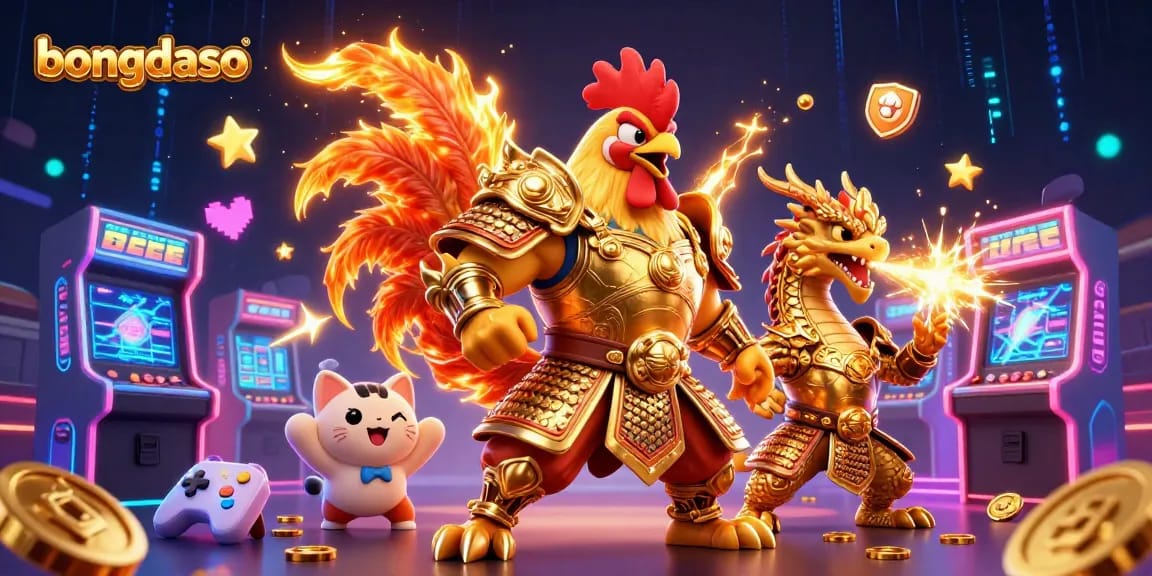 Engage in exhilarating gaming with Bongdaso's powerful rooster warrior and a fierce dragon, embodying luck and excitement.