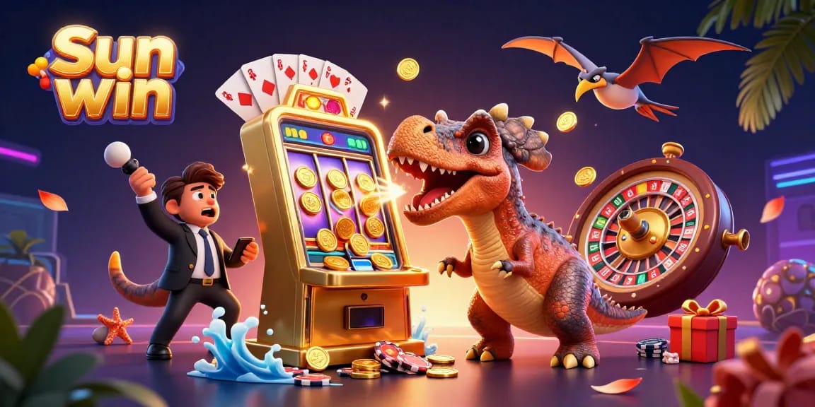 Sun win themed 3D illustration of a dinosaur winning a jackpot at a slot machine, with casino elements flying around.