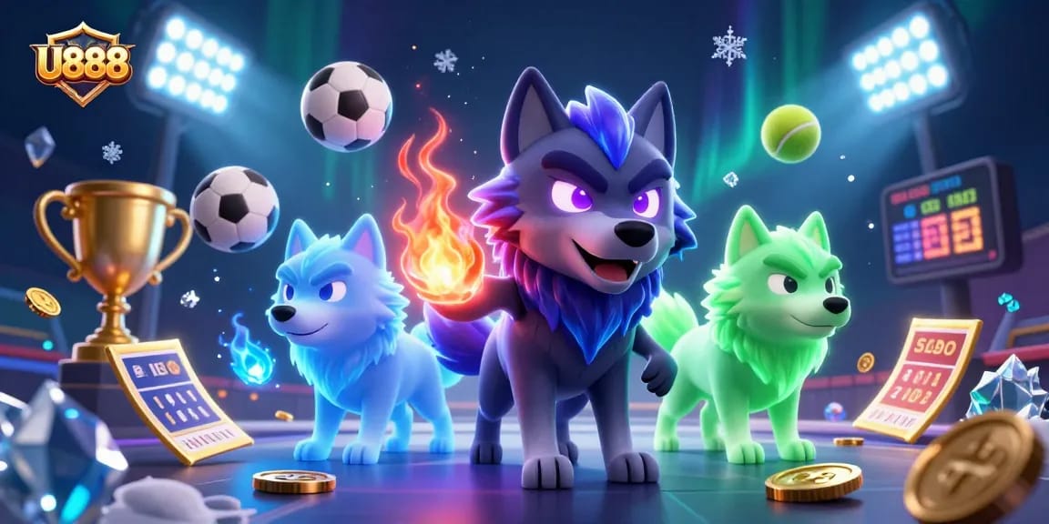 Bet on U888 with a dynamic scene featuring a wolf leader and sports elements, creating an engaging gambling atmosphere.