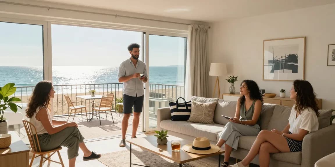 Managed Airbnb hosting Brighton with vibrant seaside apartment, happy host showcasing inviting space to guests.