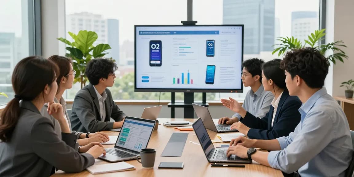 Team collaborating on o2 business mobile phone deals in a modern office