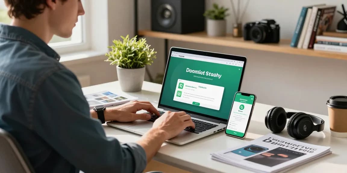 Individual downloading WhatsApp下載 on a laptop in a bright home workspace.