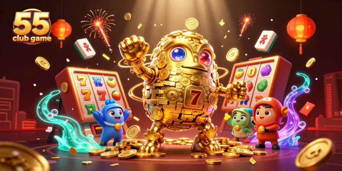 Experience the thrill of the 55 club game with animated slot reels and a golden golem.
