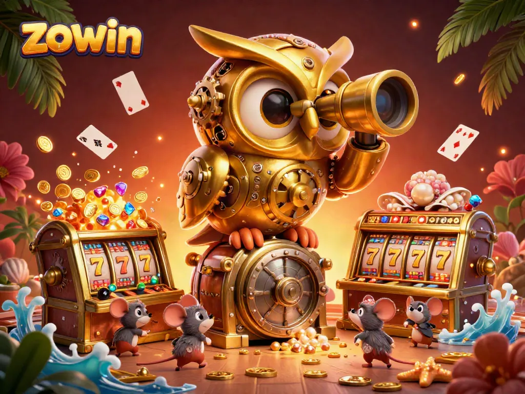 Engage with the thrilling casino atmosphere as zowin's cartoon owl presides over a bustling gaming floor.