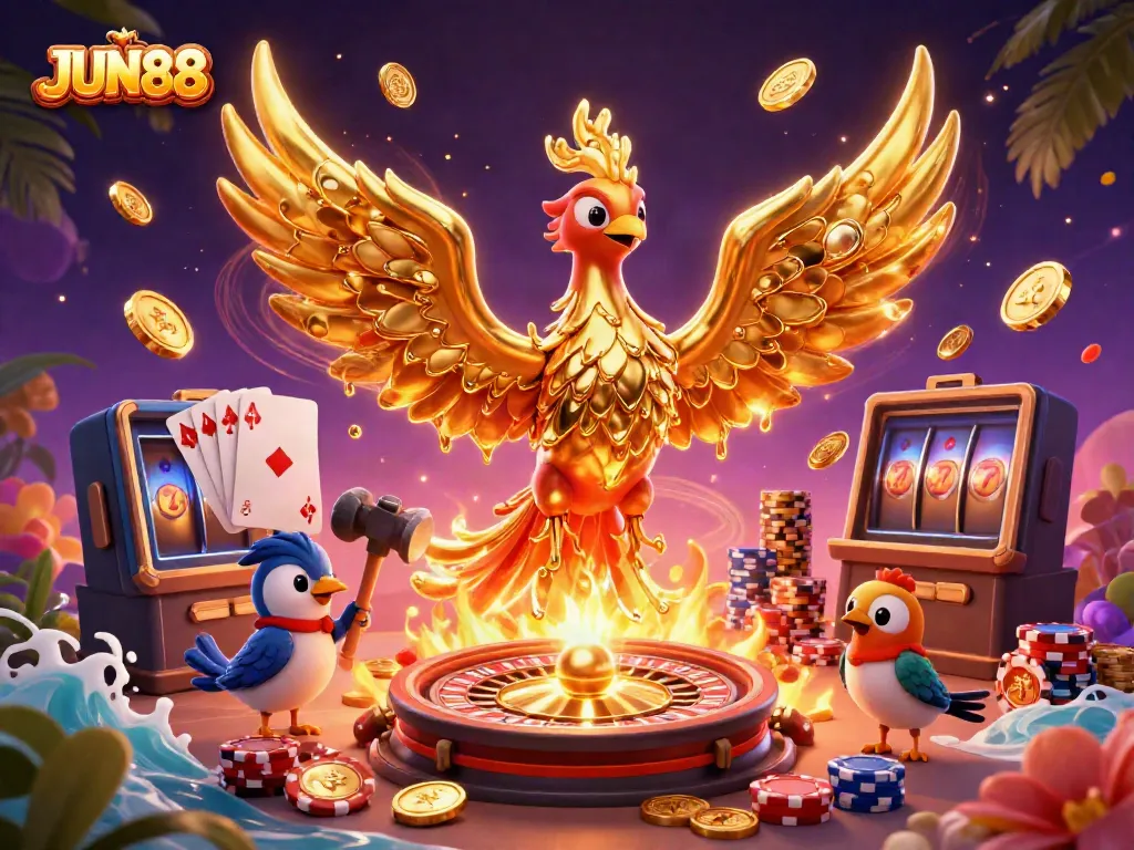 Engage in thrilling play at JUN88 with golden phoenix and vibrant casino elements.