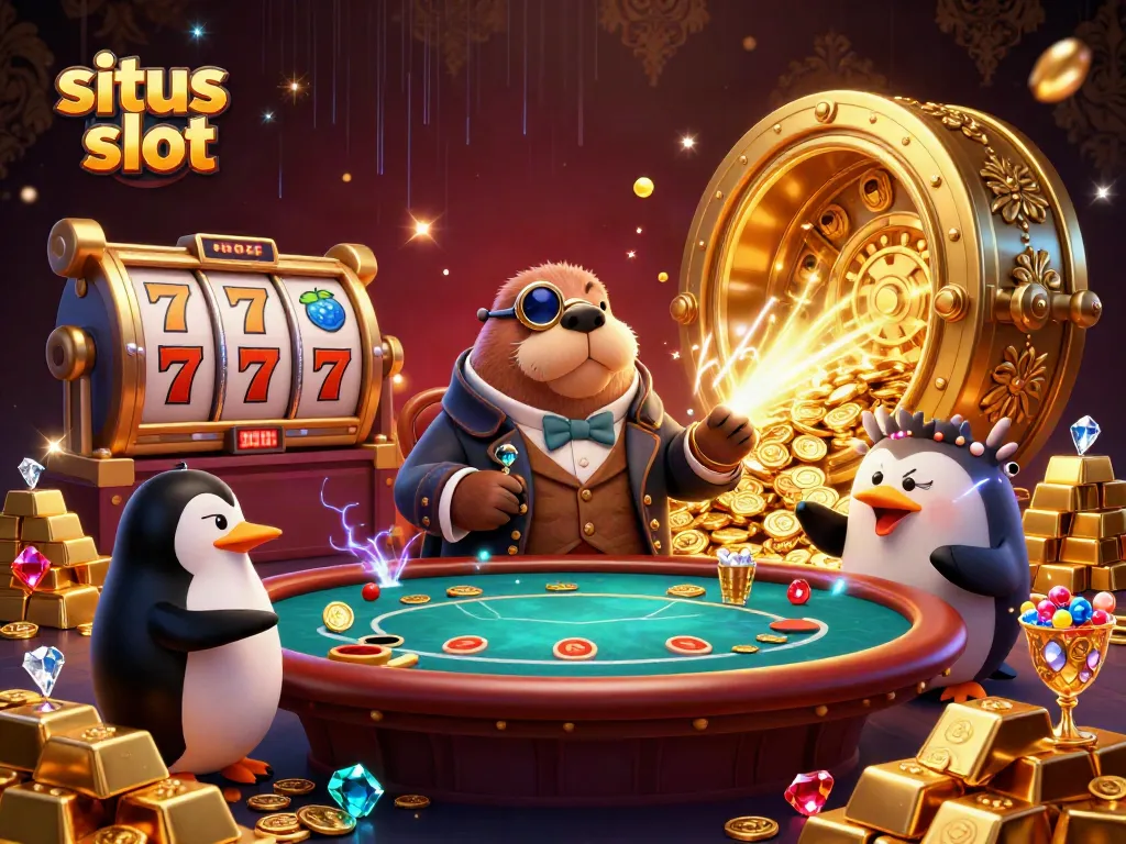 Players enjoy winning at situs slot games featuring joyous walrus and friends in a vibrant poker scene.