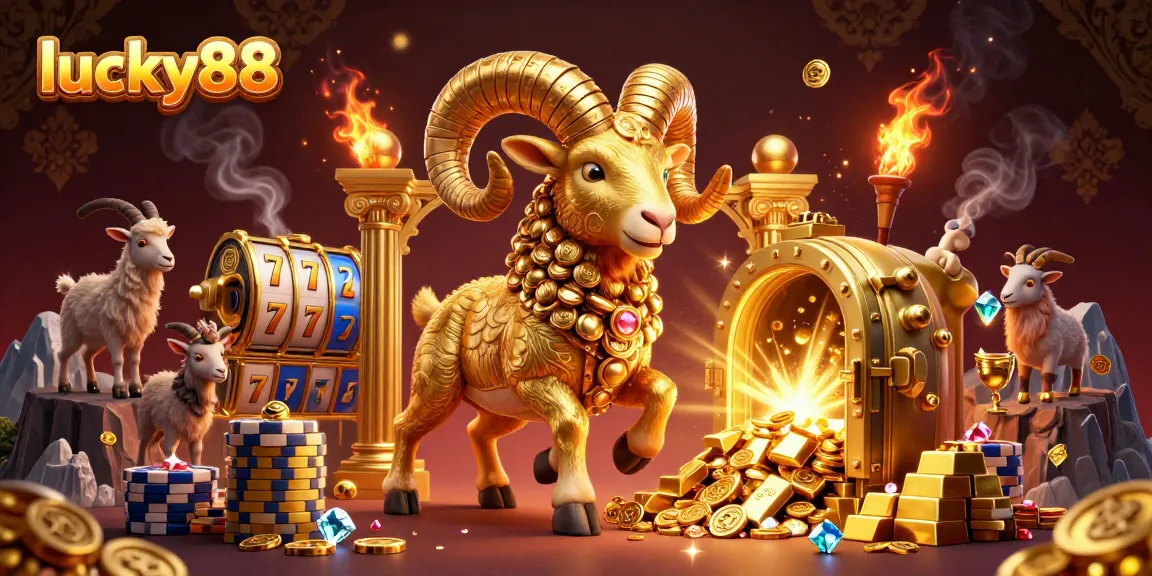 Experience the excitement of lucky88 with a golden ram charging through dazzling casino treasures.