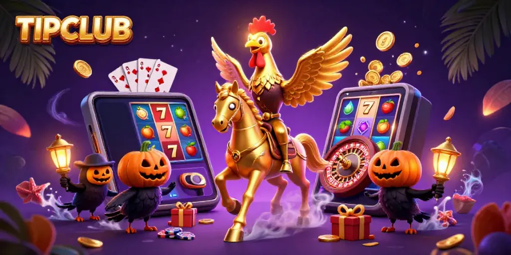 Engage in exciting gameplay at TIPCLUB's midnight casino, featuring a golden rooster and enchanting visuals.