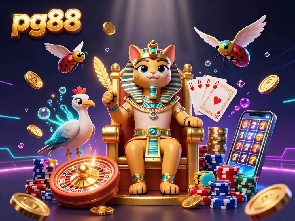Experience the thrilling pg88 casino adventure with an Egyptian pharaoh cat and gems in a vibrant scene.