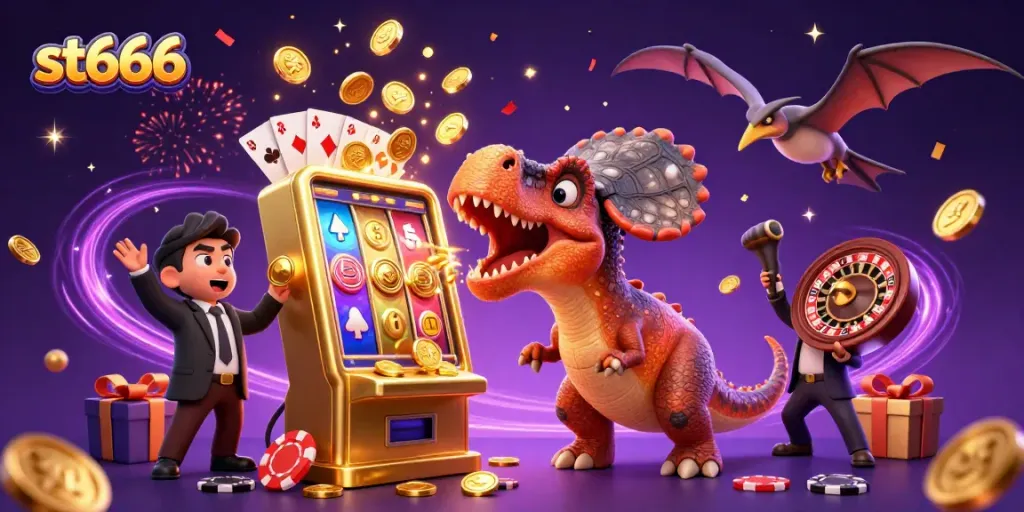 Experience st666's thrilling jackpot excitement with cartoon characters interacting with a vibrant slot machine.