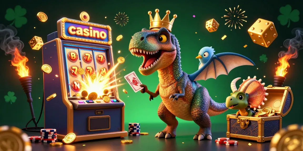 Engaging casino scene with a T-Rex and friends amidst jackpot explosions and vibrant game elements