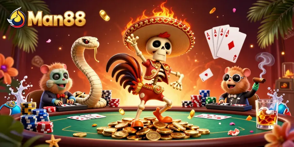 Win big with Man88 in this fun casino scene featuring festive characters and vibrant game elements.