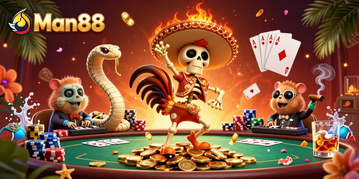Win big with Man88 in this fun casino scene featuring festive characters and vibrant game elements.
