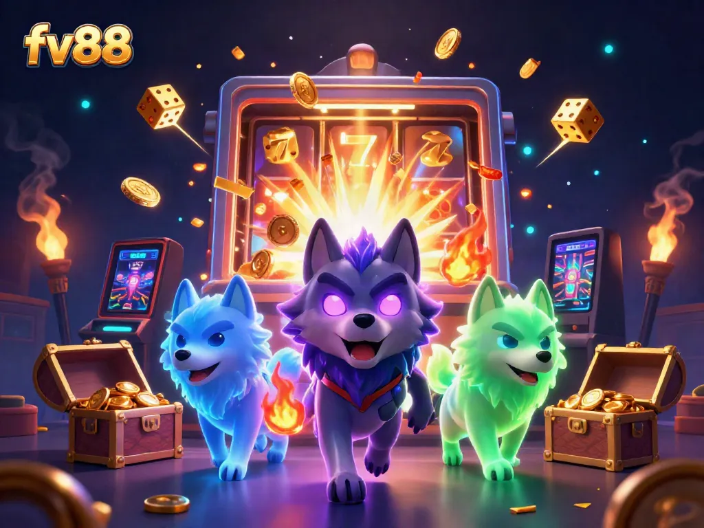 Experience the thrill of fv88 with a vibrant 3D casino scene featuring a dynamic wolf pack and jackpot explosion.