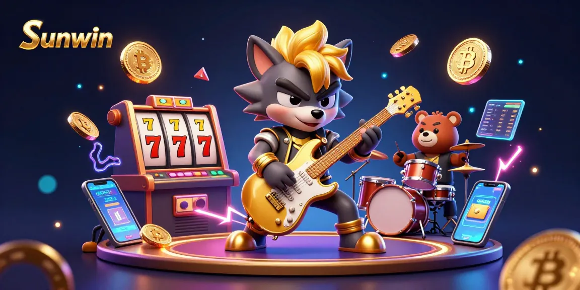Engage in thrilling action with Sunwin as a rock star wolf performs amidst casino elements, including slot reels and crypto coins.