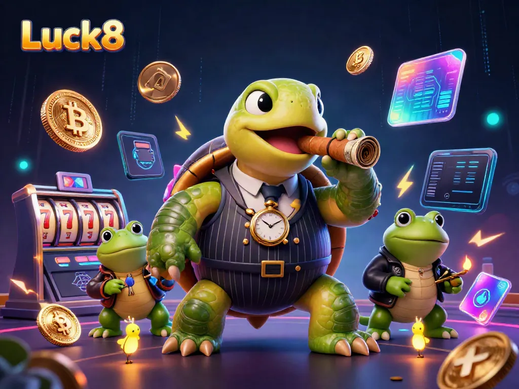 Engaging illustration depicting Luck8's exciting slots with a vibrant mascot and dynamic casino elements.