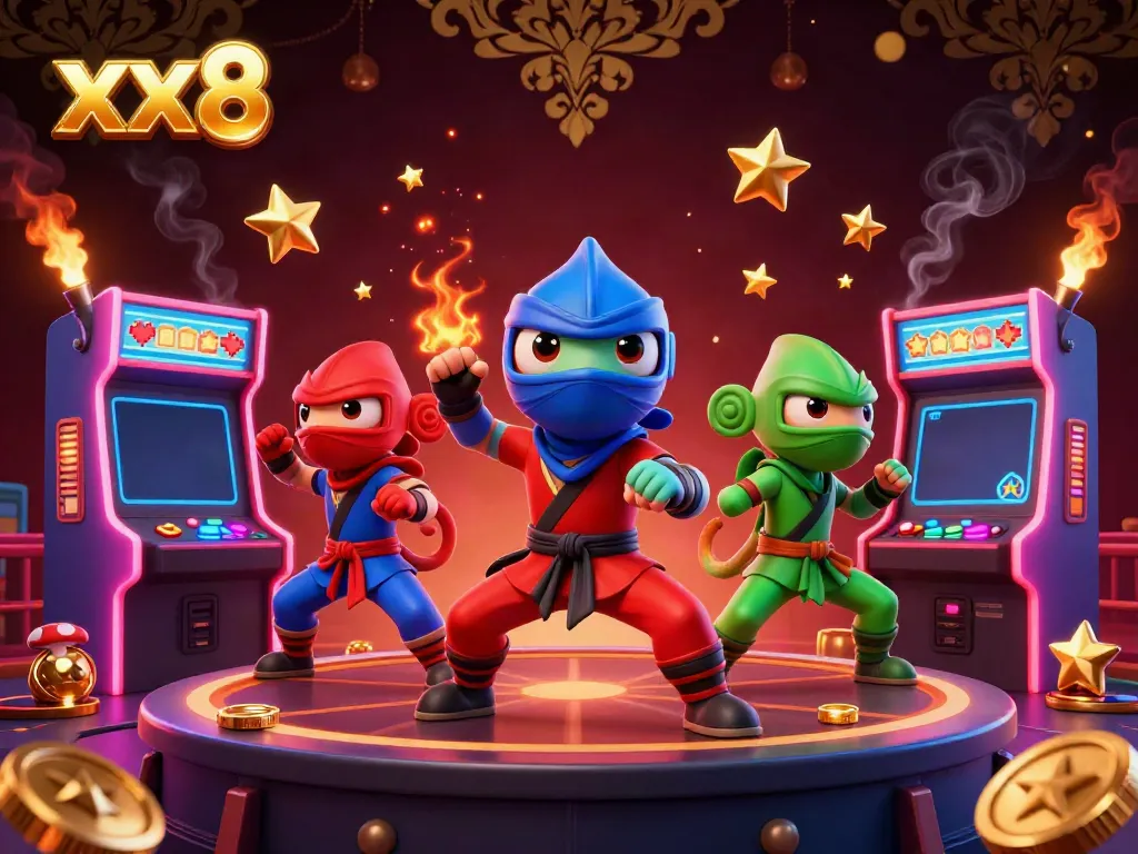 Engage in thrilling gameplay with xx8, as a trio of ninja chameleons perform martial arts surrounded by colorful casino elements.