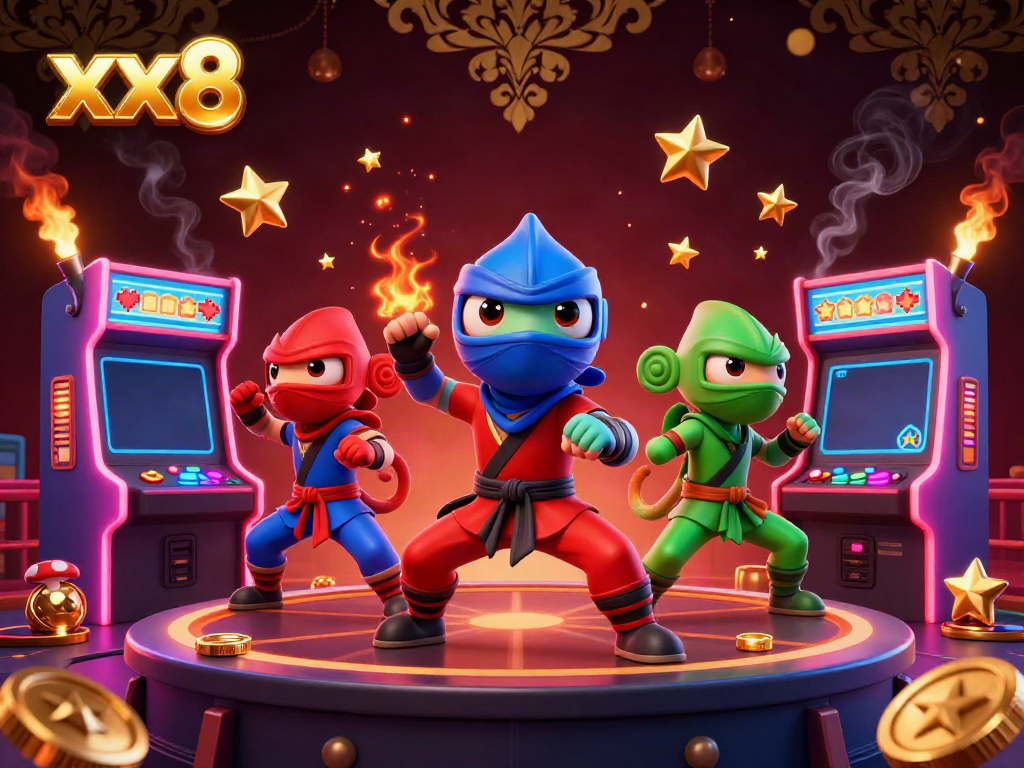 Engage in thrilling gameplay with xx8, as a trio of ninja chameleons perform martial arts surrounded by colorful casino elements.