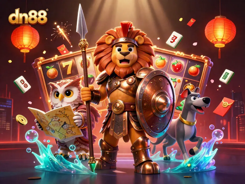 Engage with thrilling slots at dn88 featuring a heroic Spartan lion and festive casino elements.