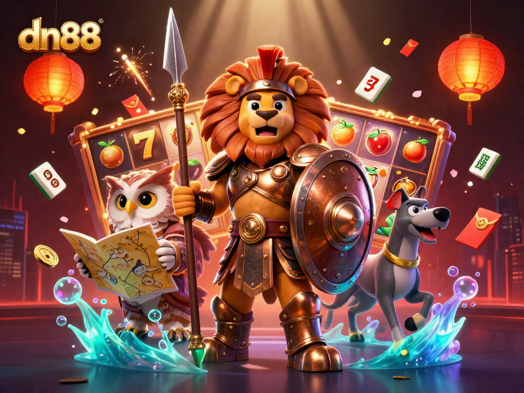Engage with thrilling slots at dn88 featuring a heroic Spartan lion and festive casino elements.