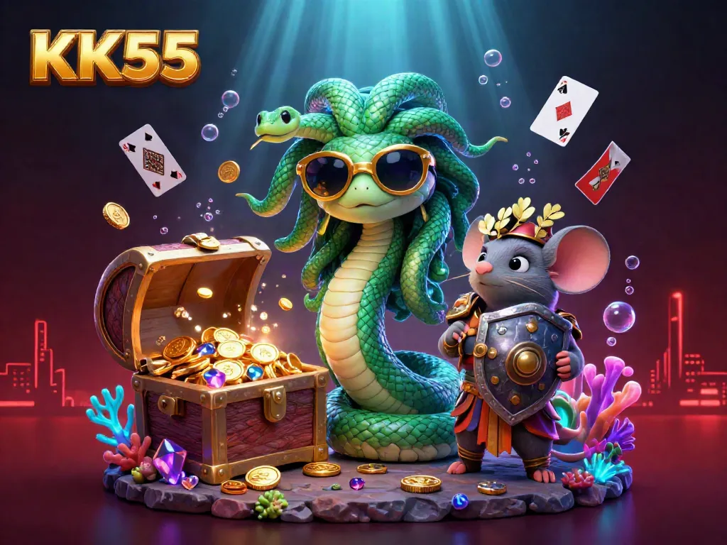 Interact with the exciting world of KK55 casino games through adventurous characters and vibrant treasures.