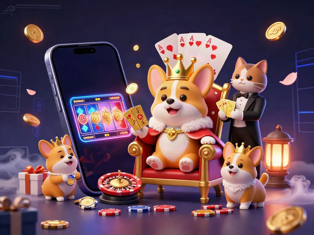 Experience Onbet's vibrant casino excitement with royal corgis in a lively digital casino scene.