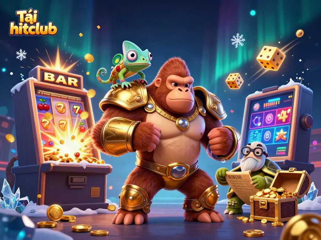 Tải hitclub with a vibrant scene featuring a gorilla king and chameleon companion around a jackpot slot machine.