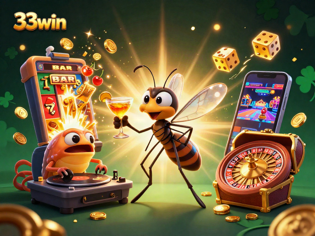 Spin with 33win's thrilling 3D casino characters and enticing fortune elements in an exciting scene.