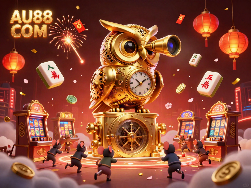 Engage with AU88 COM as tiny wind-up mice scatter across a rich casino scene filled with vibrant game elements.