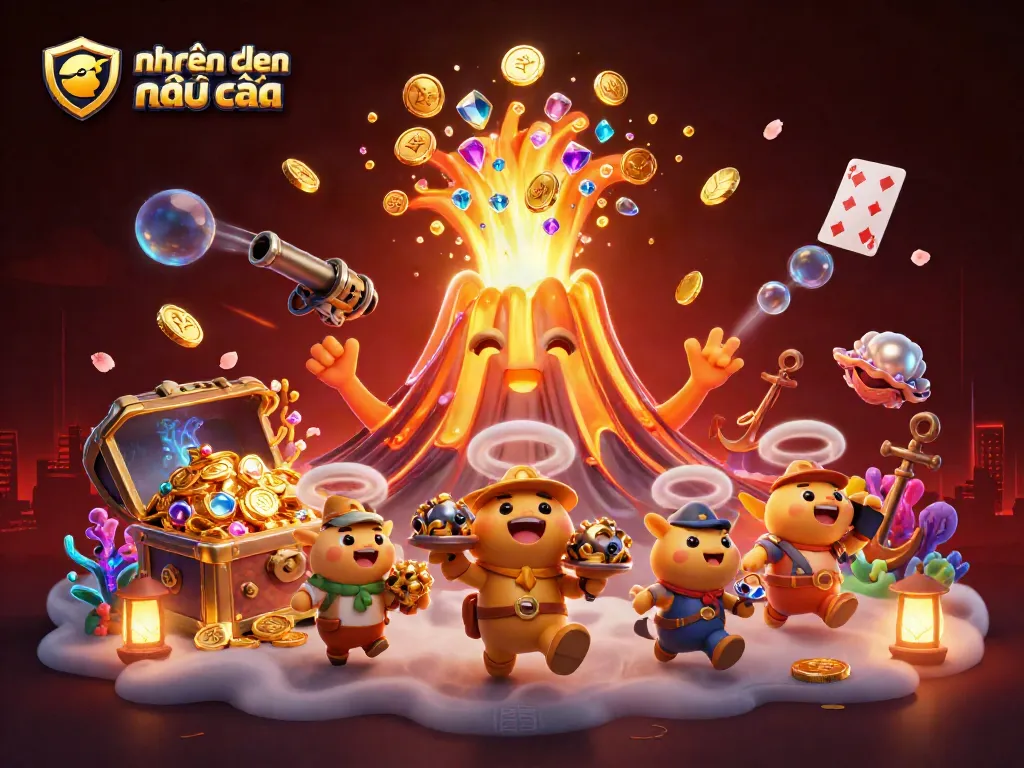 Engaging illustration showcasing nhận định kèo nhà cái with a triumphant volcano erupting coins and treasure.