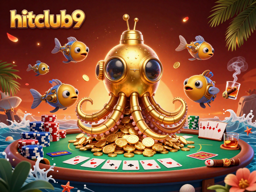 Experience thrilling gameplay with hitclub9's golden kraken submarine surrounded by vibrant poker elements.