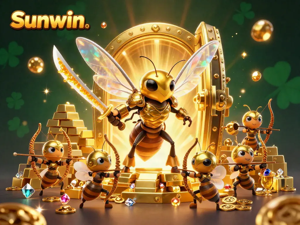 Engage with Sunwin's vibrant gaming scene featuring a golden hornet and treasure elements.