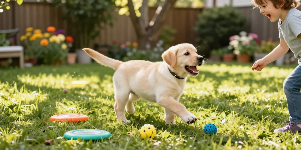Labrador retriever puppies playing joyfully in a sunny backyard with toys.