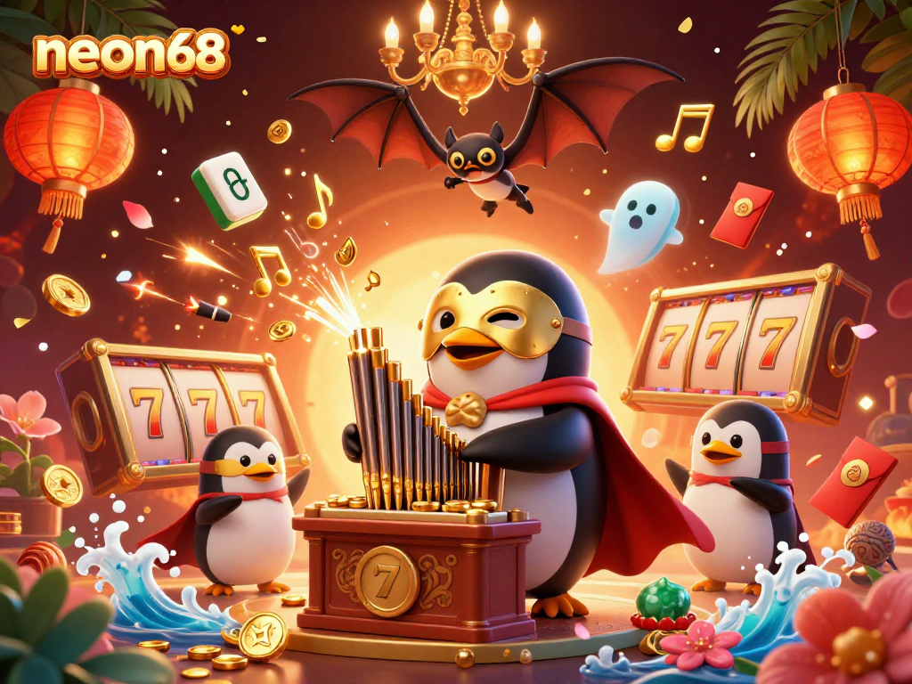 Engage with neon68’s exciting casino imagery featuring a vibrant 3D penguin and slot elements.